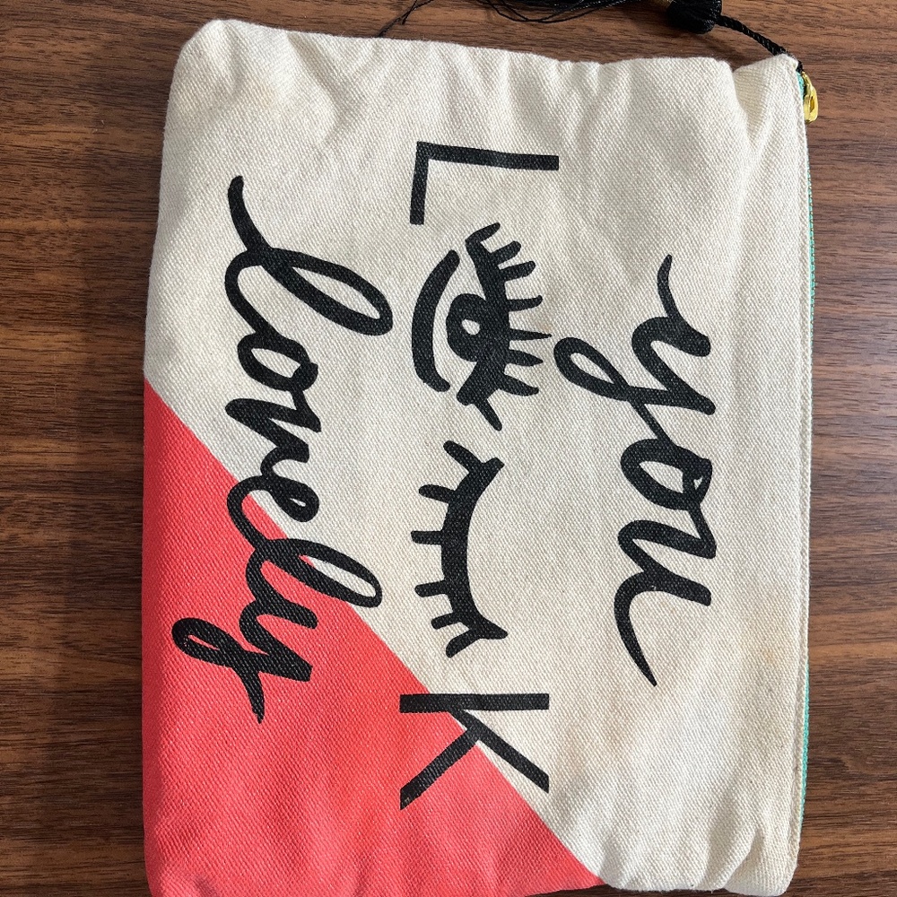 You Look Lovely Women Cosmetic Bag Size 9" Coral Canvas Tan Tote Black Tassel - Picture 2 of 13